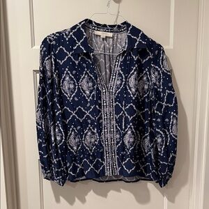 LOFT Navy and White Patterned Blouse